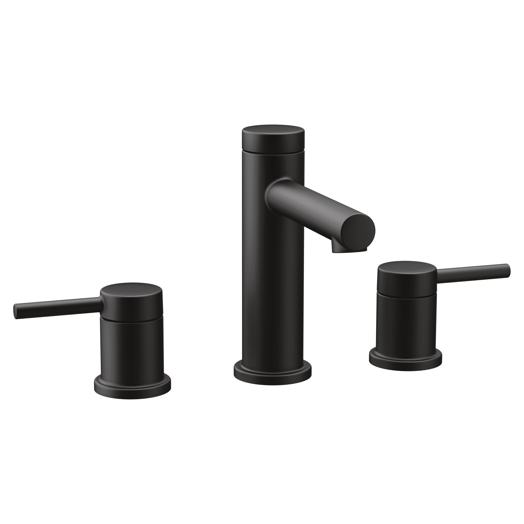 Matte black widespread bathroom faucet trim with cylindrical spout and two lever handles on circular bases.
