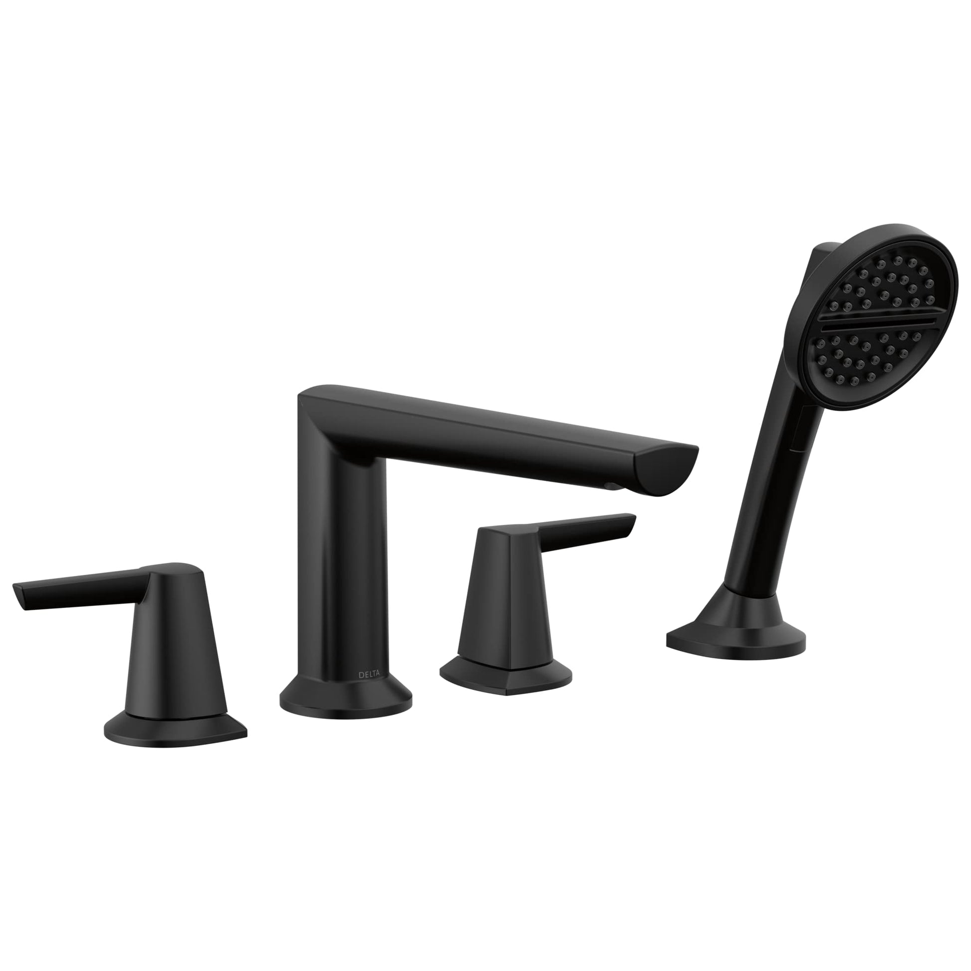 Black four-piece Roman tub trim set with two handles, spout, and detachable hand shower with perforated head.
