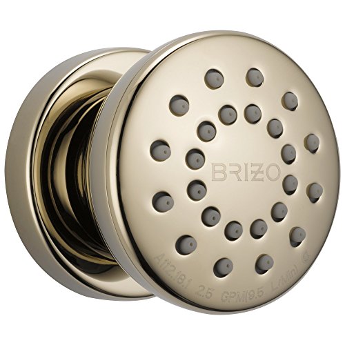 Round brushed nickel shower spray head with multiple spray holes and removable face plate for cleaning.