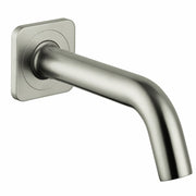 Brushed nickel tub spout with curved outlet and square wall-mounted flange.