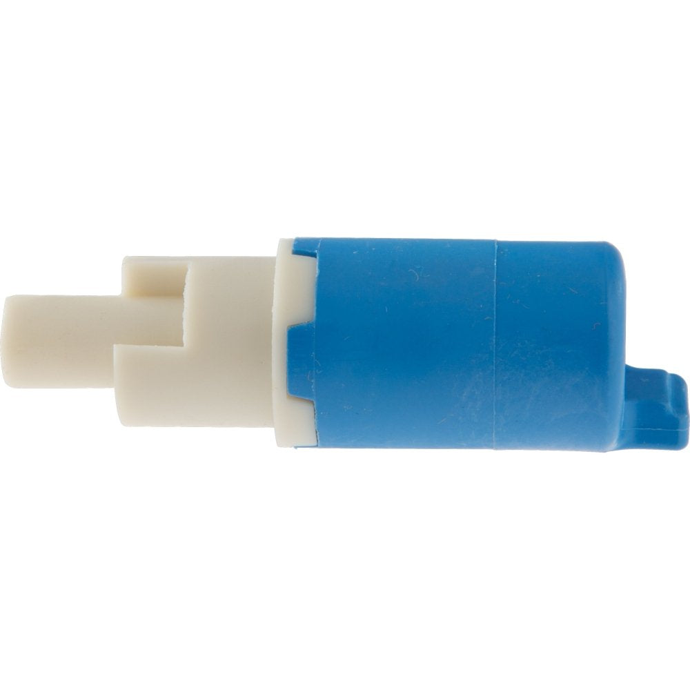 Blue and white plastic stem extender cartridge with cylindrical housing and protruding valve stem.