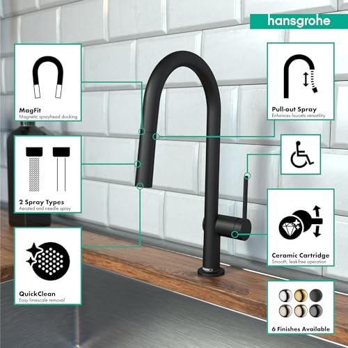 Matte black high-arc kitchen faucet with pull-down spray head and curved spout over sink.