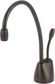 Oil rubbed bronze instant hot water dispenser faucet with curved spout and single lever handle.