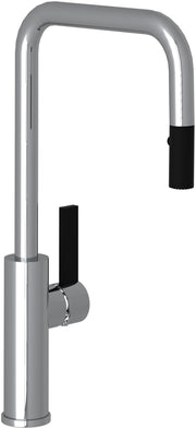 Polished chrome pull-down kitchen faucet with U-shaped spout and black handle accent.