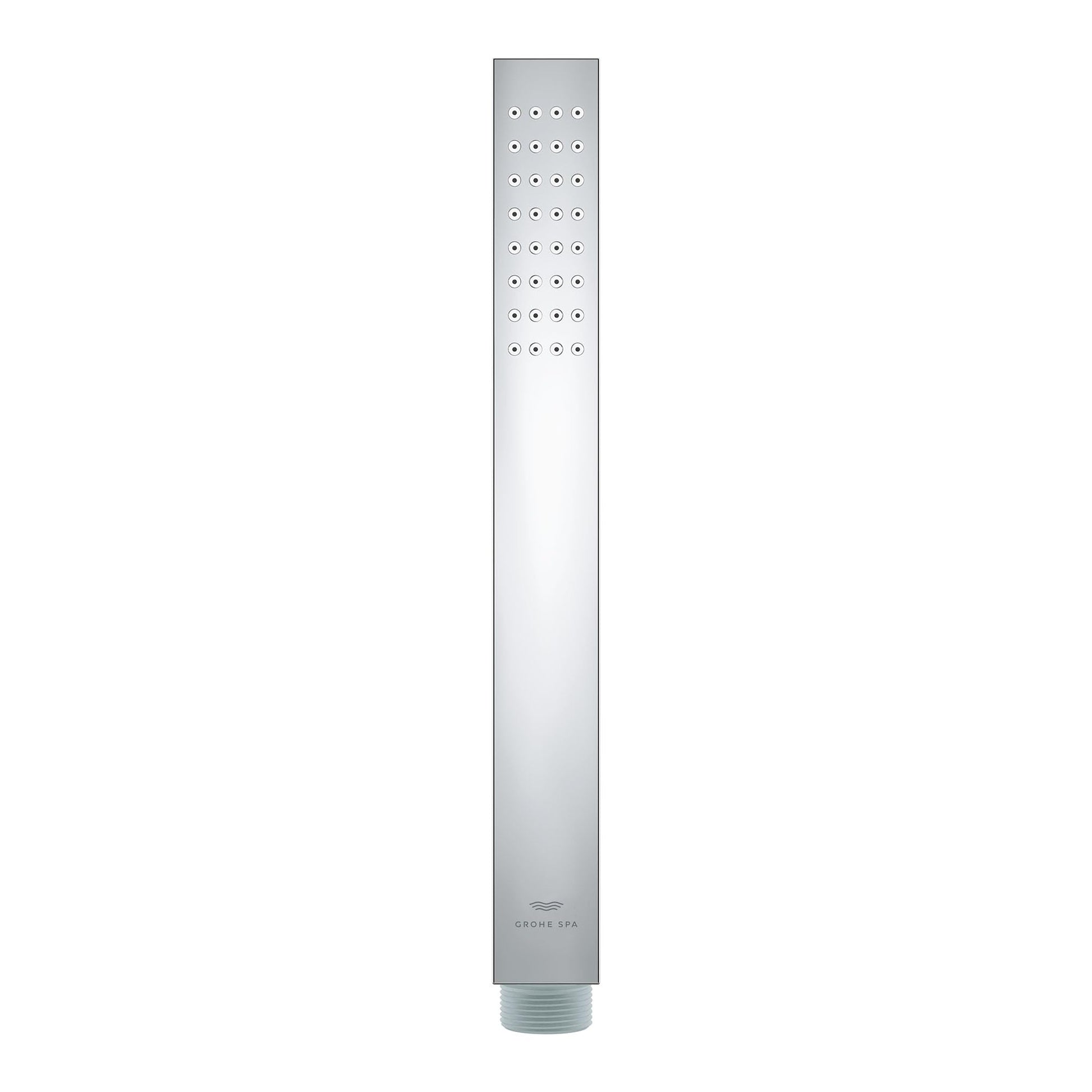 Chrome hand shower with square head featuring multiple spray jets arranged in grid pattern, cylindrical handle below.