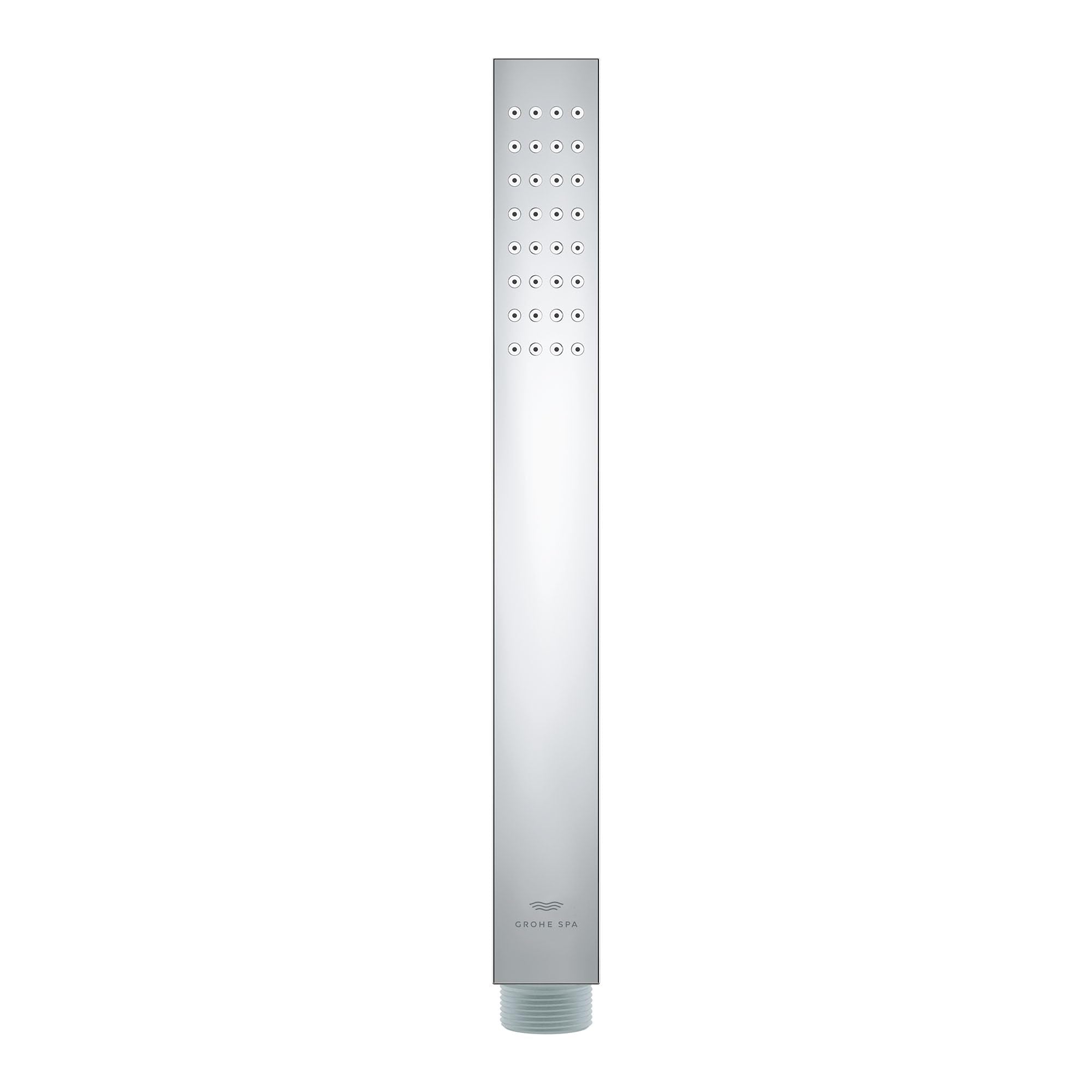 Chrome hand shower with square head featuring multiple spray jets arranged in grid pattern, cylindrical handle below.