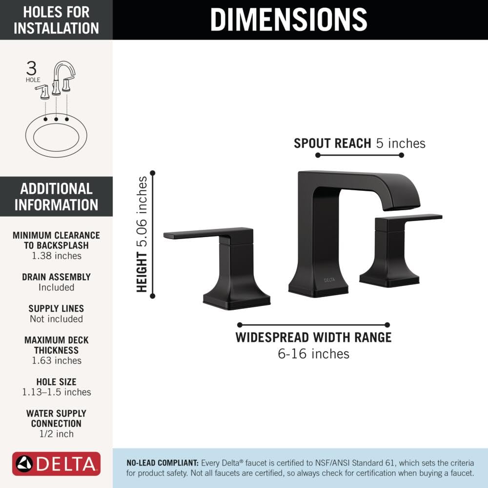Matte black two-handle widespread bathroom faucet with 5-inch spout reach and 5.06-inch height.