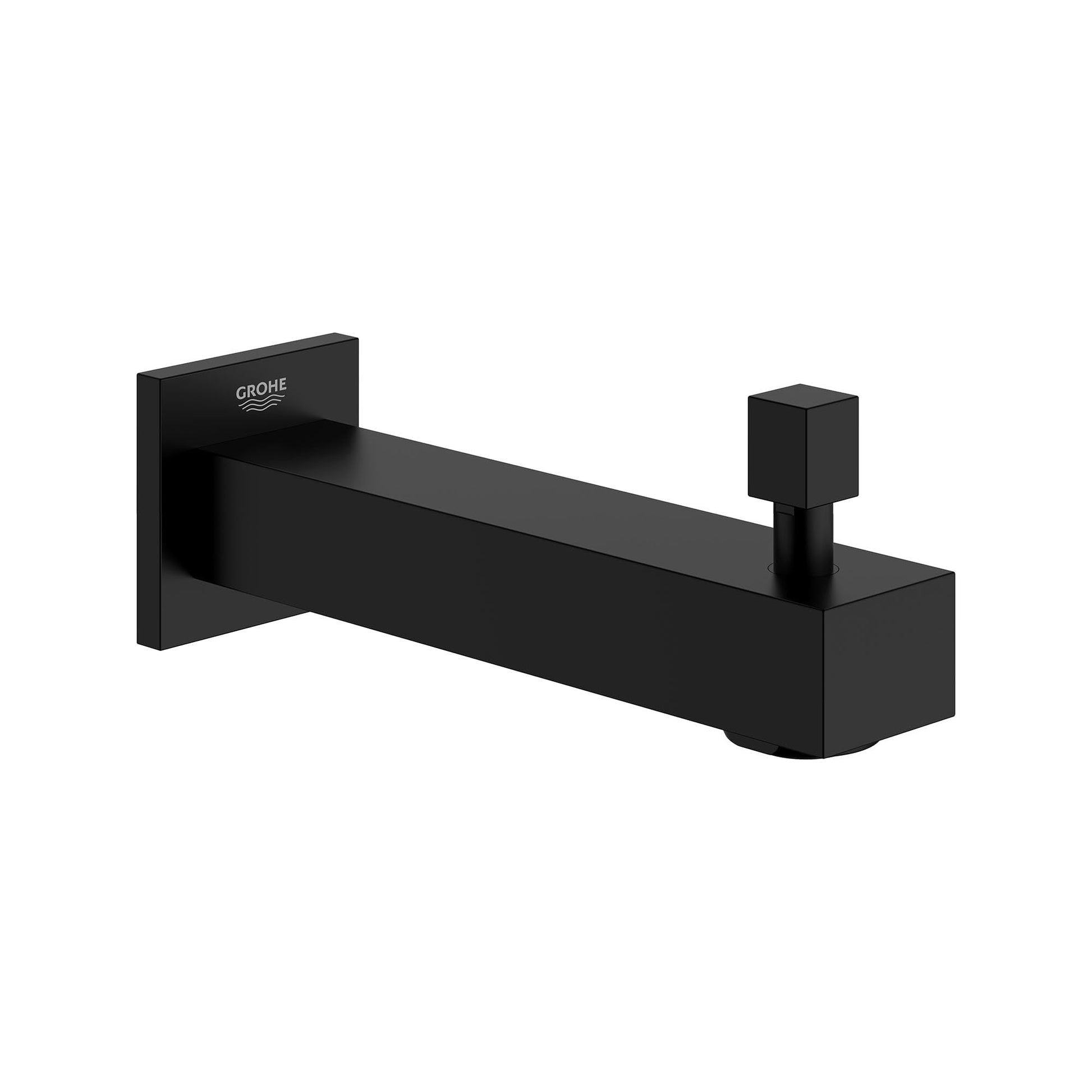 Matte black rectangular tub spout with wall-mounted square backplate and small diverter lever on right side.