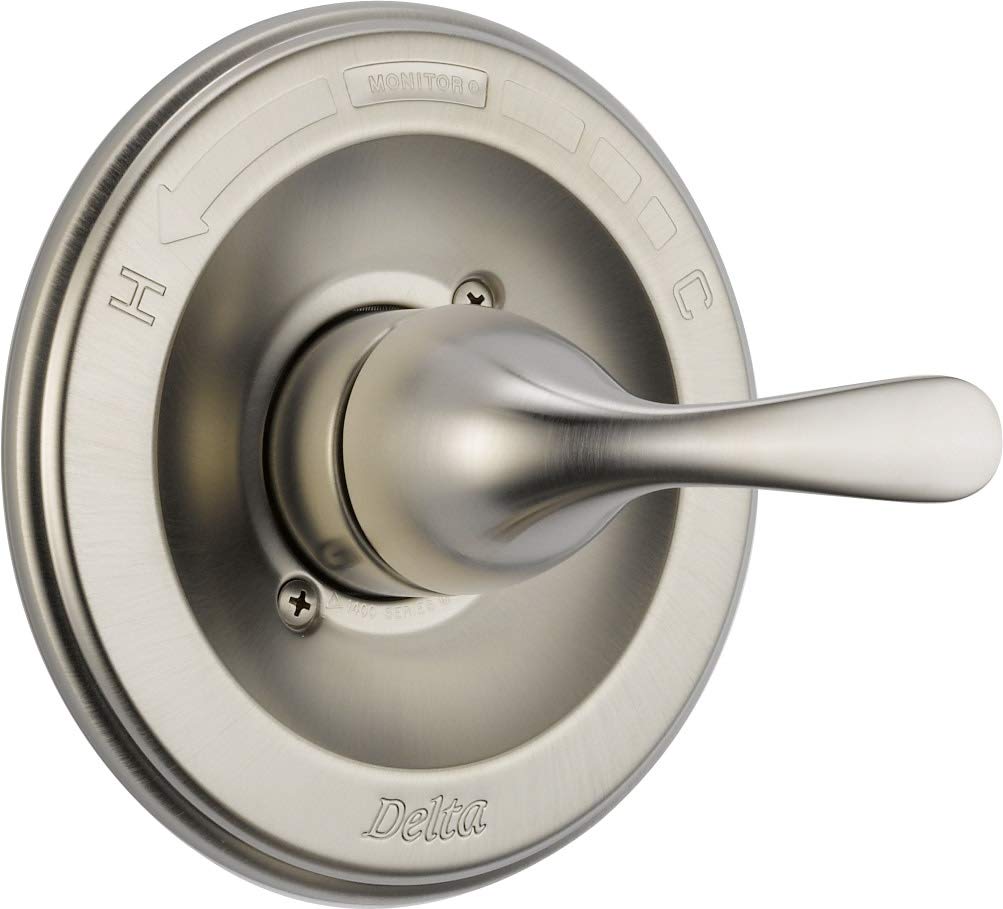 Brushed nickel Delta Monitor valve trim with round escutcheon plate and lever handle marked with hot and cold indicators.