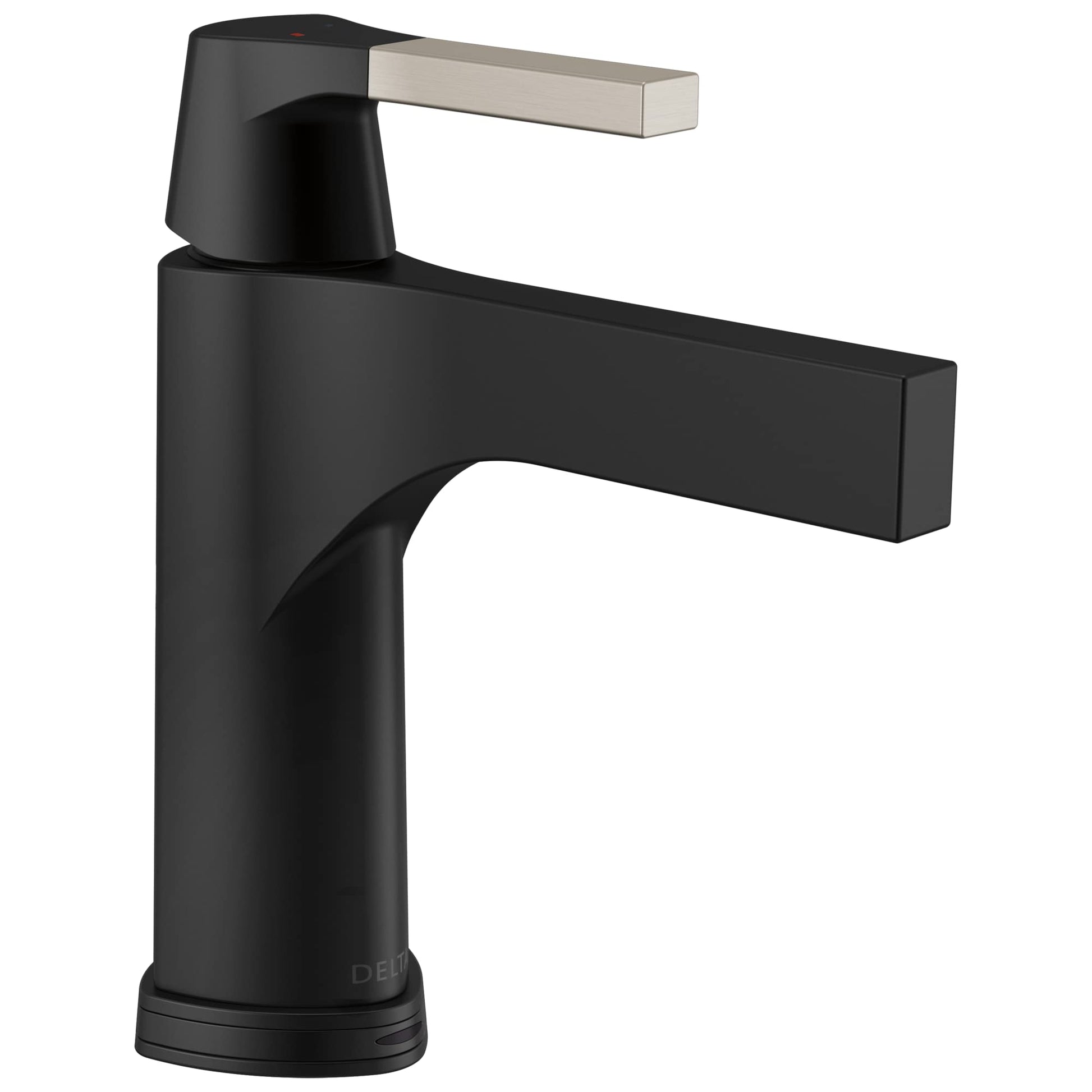 Black bathroom faucet with brushed nickel lever handle and cylindrical base.