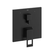 Matte black square valve trim with two stacked rectangular handles and small red indicator dot mounted on flat backing plate.