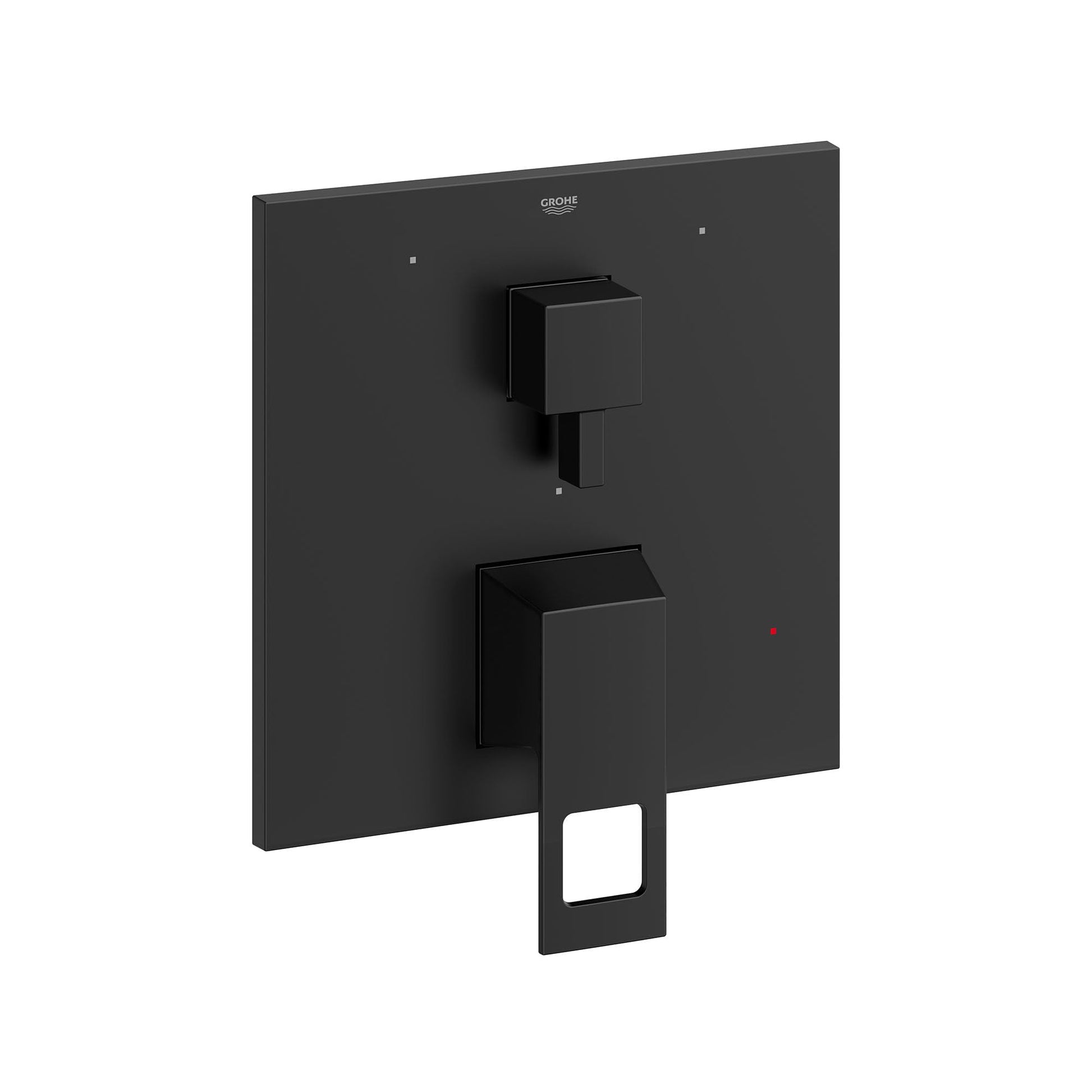 Matte black square valve trim with two stacked rectangular handles and small red indicator dot mounted on flat backing plate.