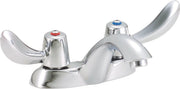 Chrome two-handle bathroom faucet with blade handles, red and blue indicator caps, and curved spout.