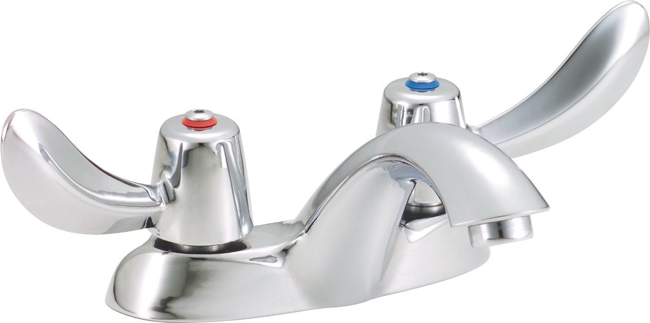 Chrome two-handle bathroom faucet with blade handles, red and blue indicator caps, and curved spout.