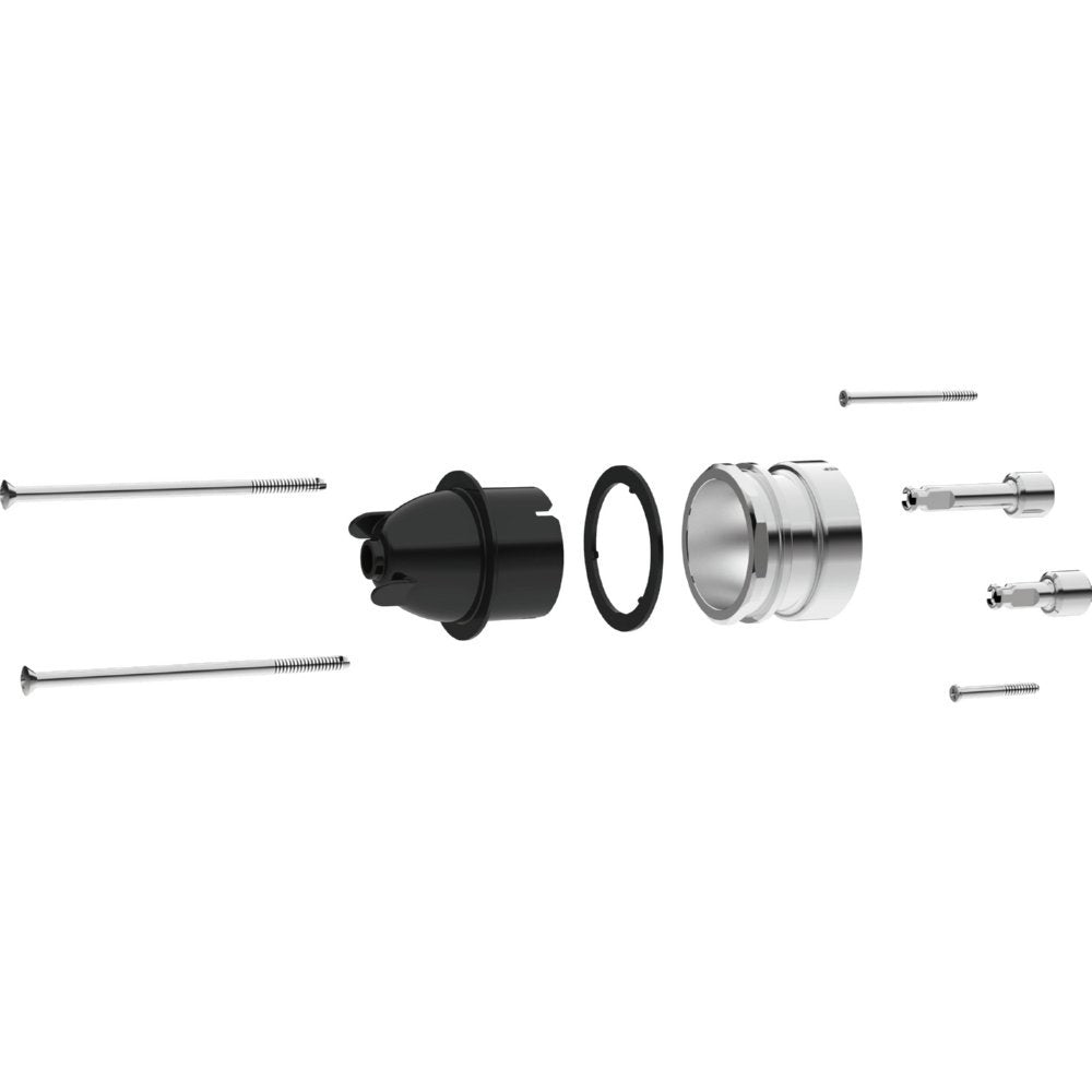 Delta RP77991 extension kit components including screws, black plastic connector, rubber ring, chrome collar, and metal fitti