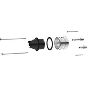 Delta RP77991 extension kit components including screws, black plastic connector, rubber ring, chrome collar, and metal fitti