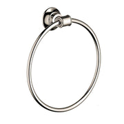 Polished nickel circular towel ring with wall-mounted bracket and cylindrical hardware.