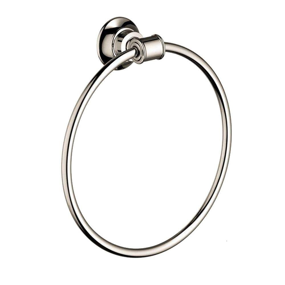 Polished nickel circular towel ring with wall-mounted bracket and cylindrical hardware.
