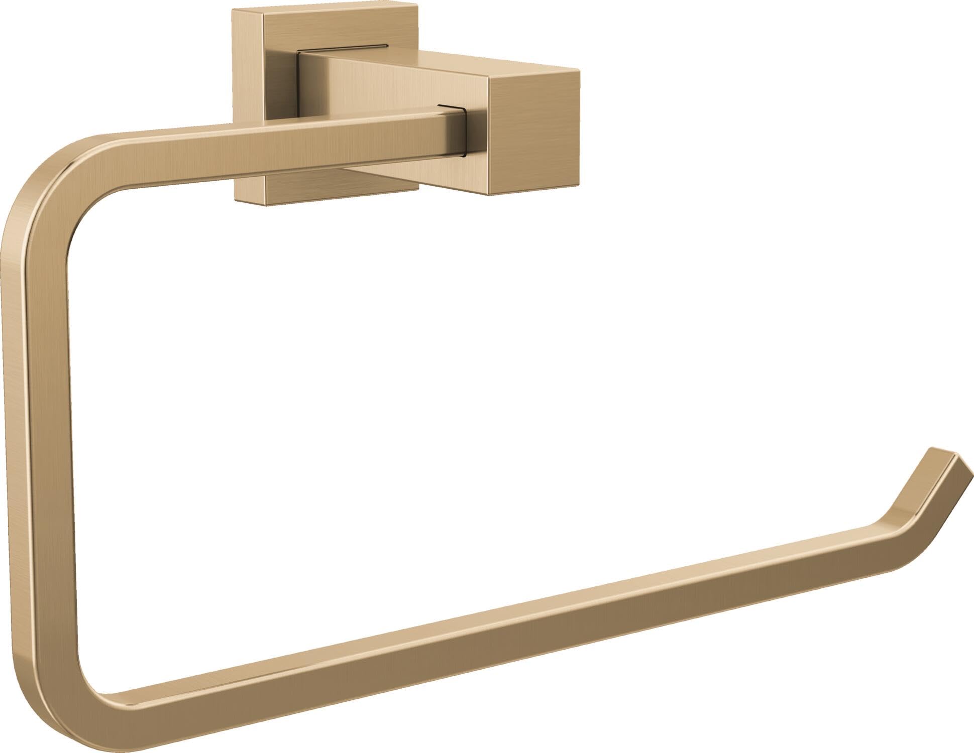 Champagne bronze towel ring with curved rectangular design and square wall-mounted bracket.