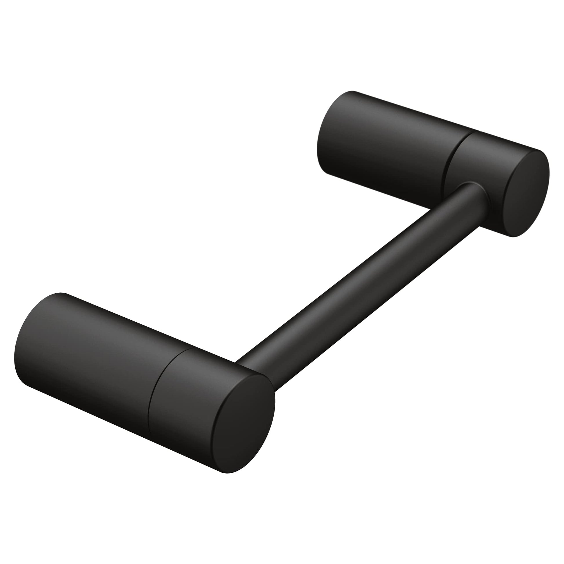 Black pivoting toilet paper holder with cylindrical ends connected by an angled arm.