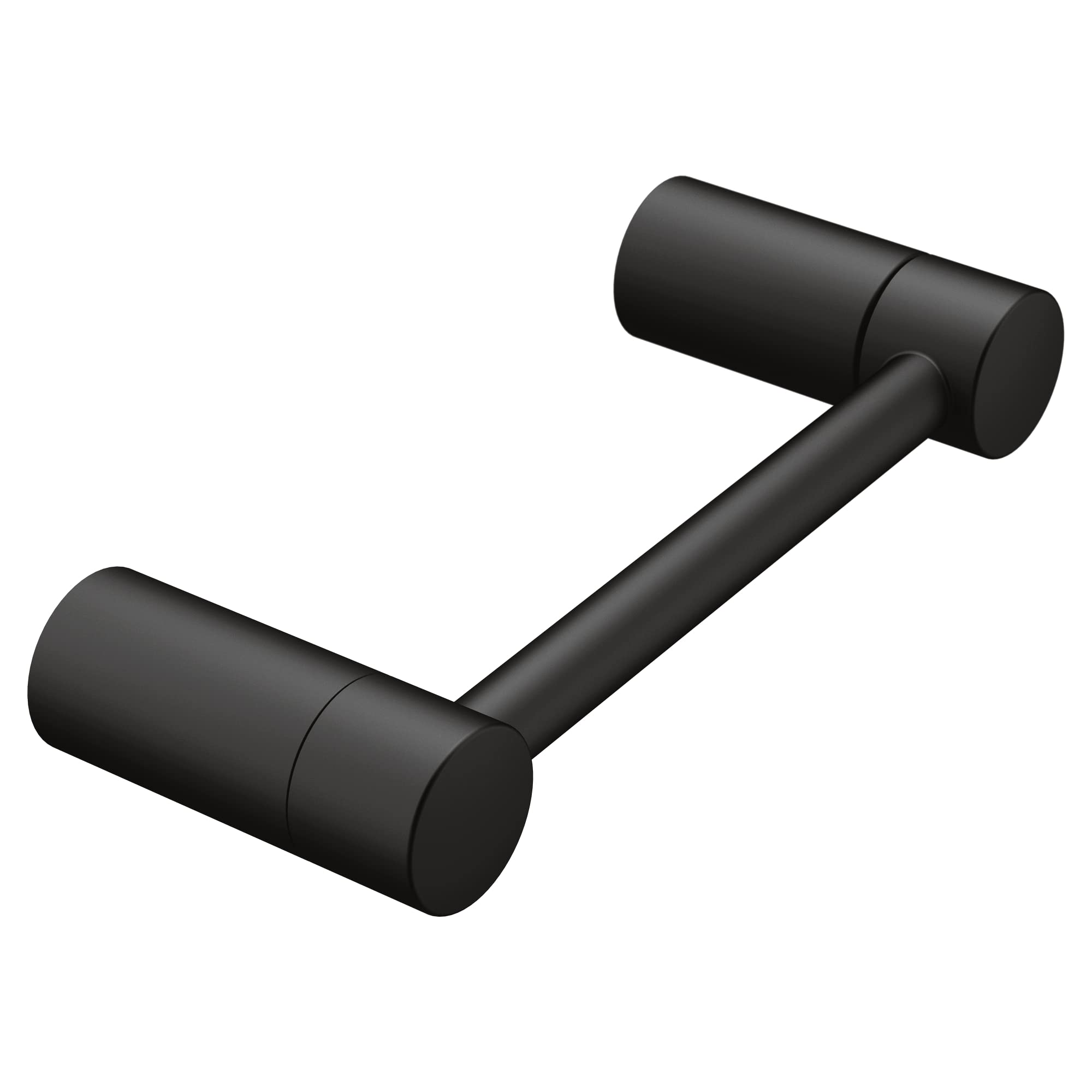 Black pivoting toilet paper holder with cylindrical ends connected by an angled arm.
