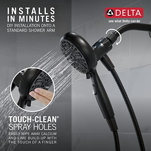 Matte black hand shower with six spray settings and attached hose, featuring touch-clean spray holes.