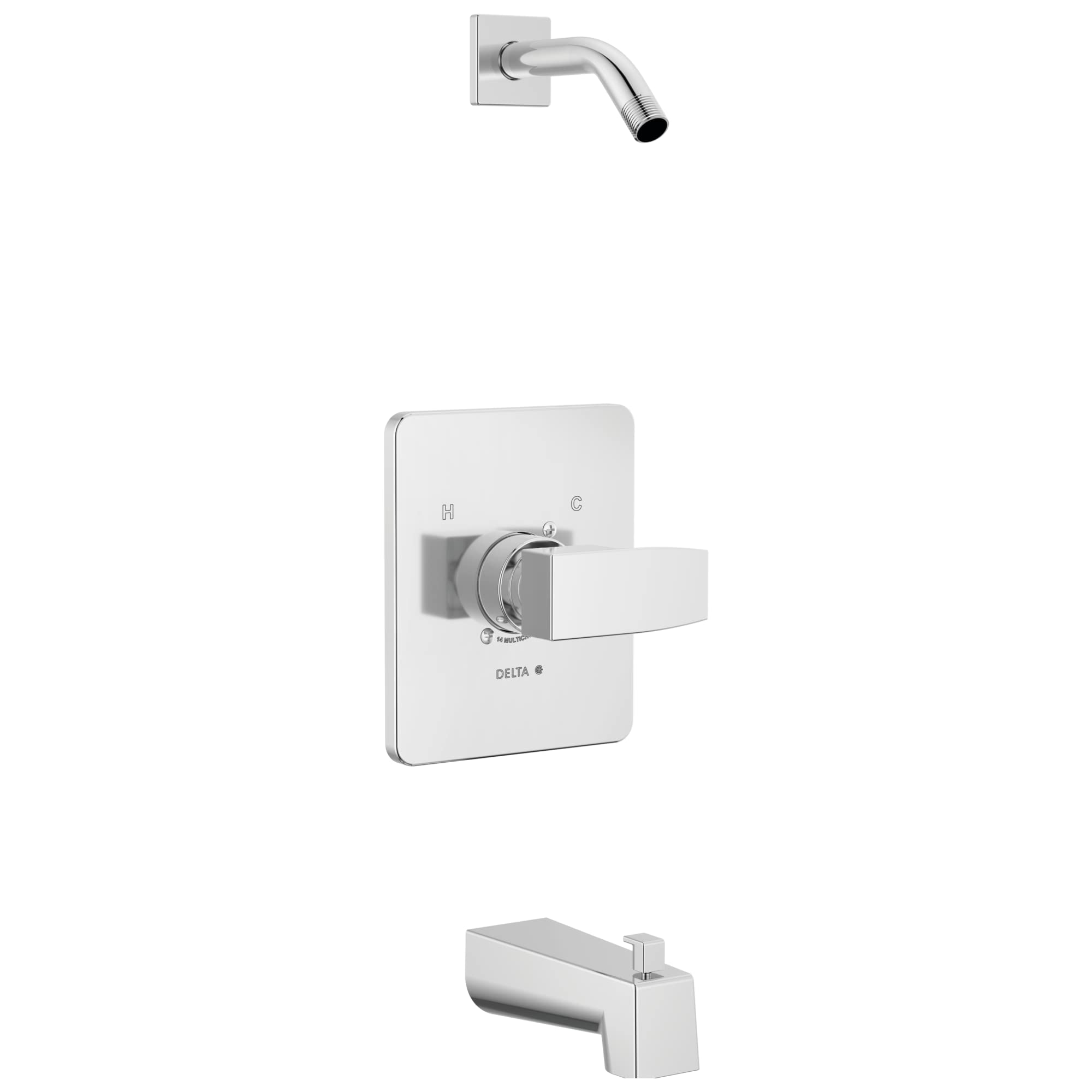 Delta Modern Monitor 14 Series square chrome trim with single-lever handle, curved spout, and tub spout.