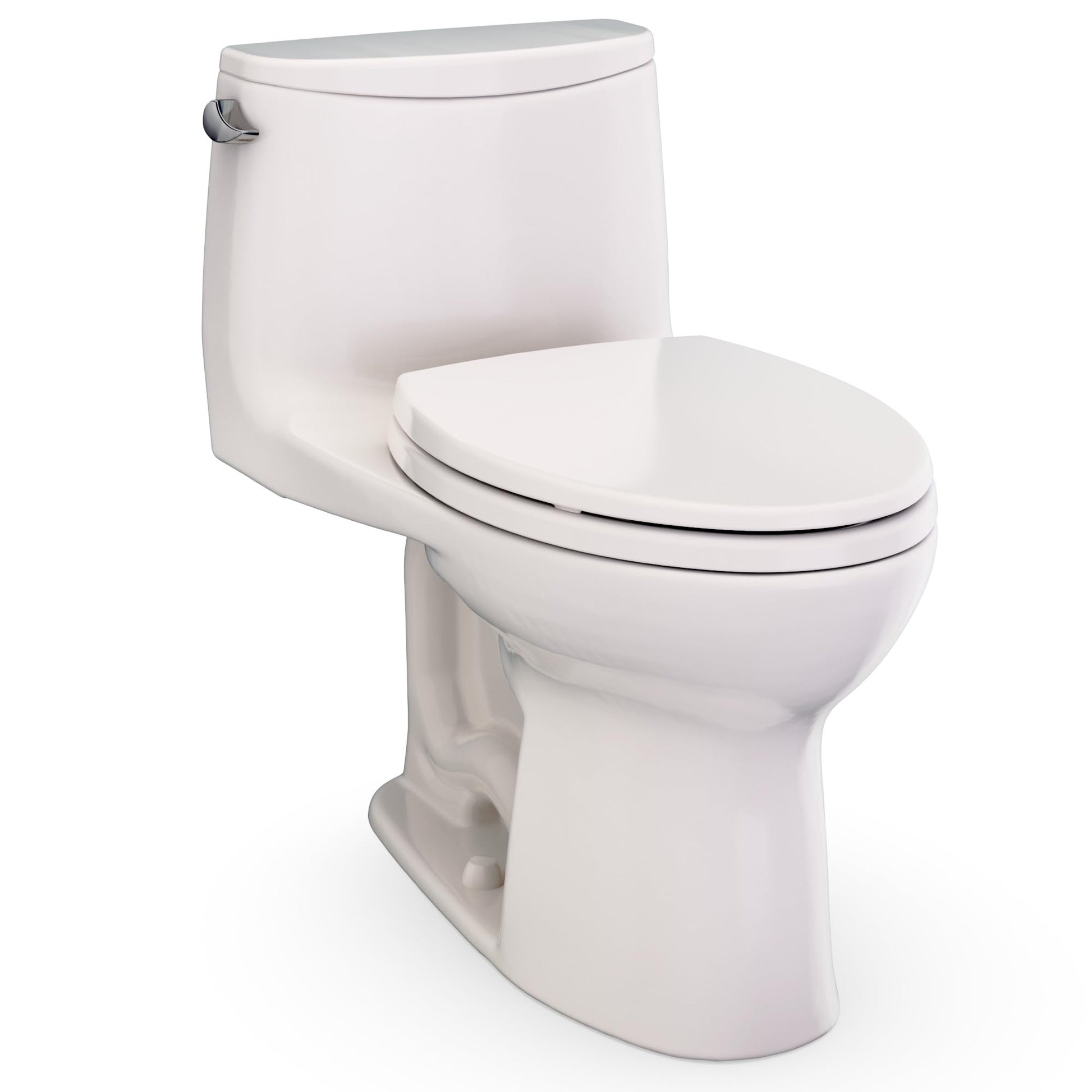 One-piece elongated toilet with closed seat lid in beige, featuring curved tank and bowl design with chrome handle.