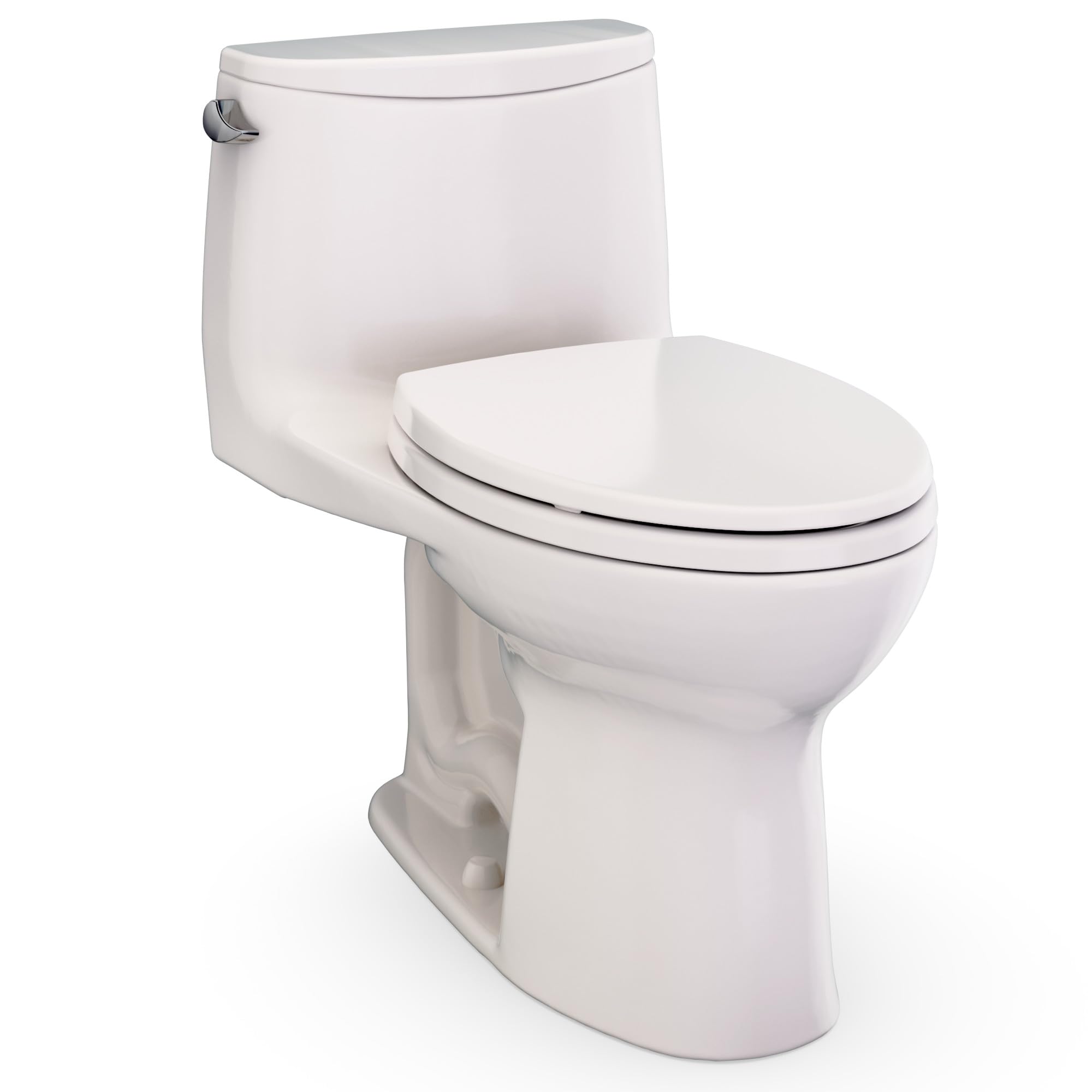 One-piece elongated toilet with closed seat lid in beige, featuring curved tank and bowl design with chrome handle.