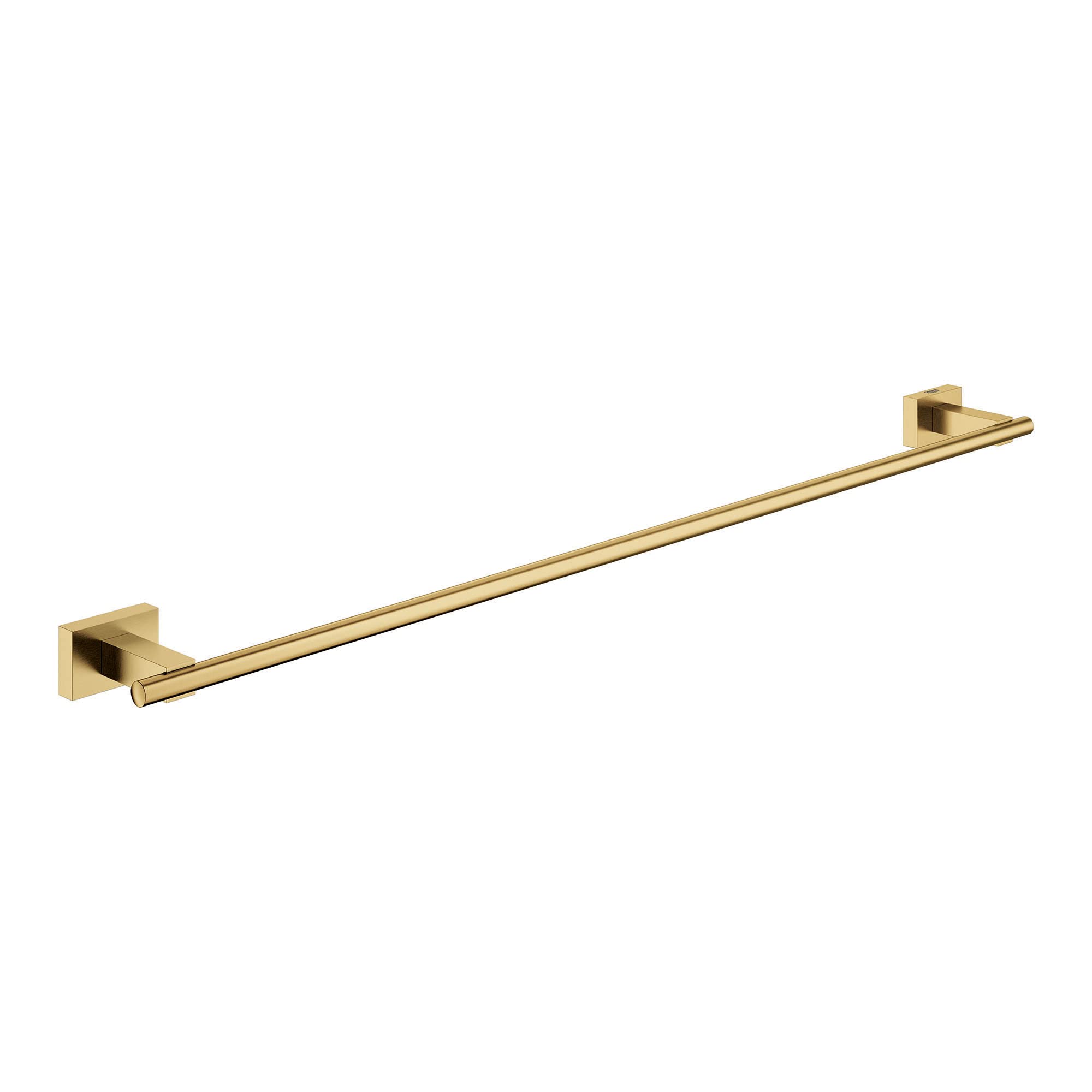 Brushed gold towel bar with cube-shaped wall mounts at each end, 24 inches long.