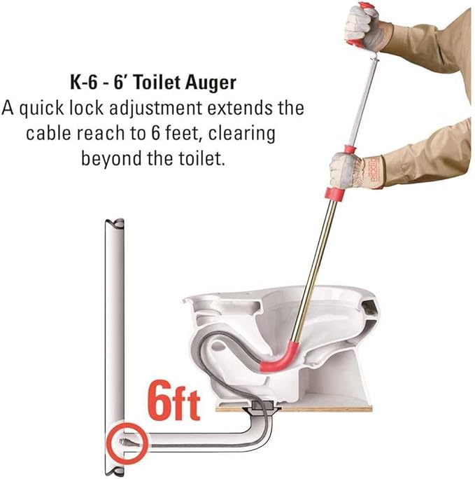 RIDGID K-6 toilet auger with 6-foot cable being inserted into toilet bowl, shown with grip handles and quick-lock adjustment 