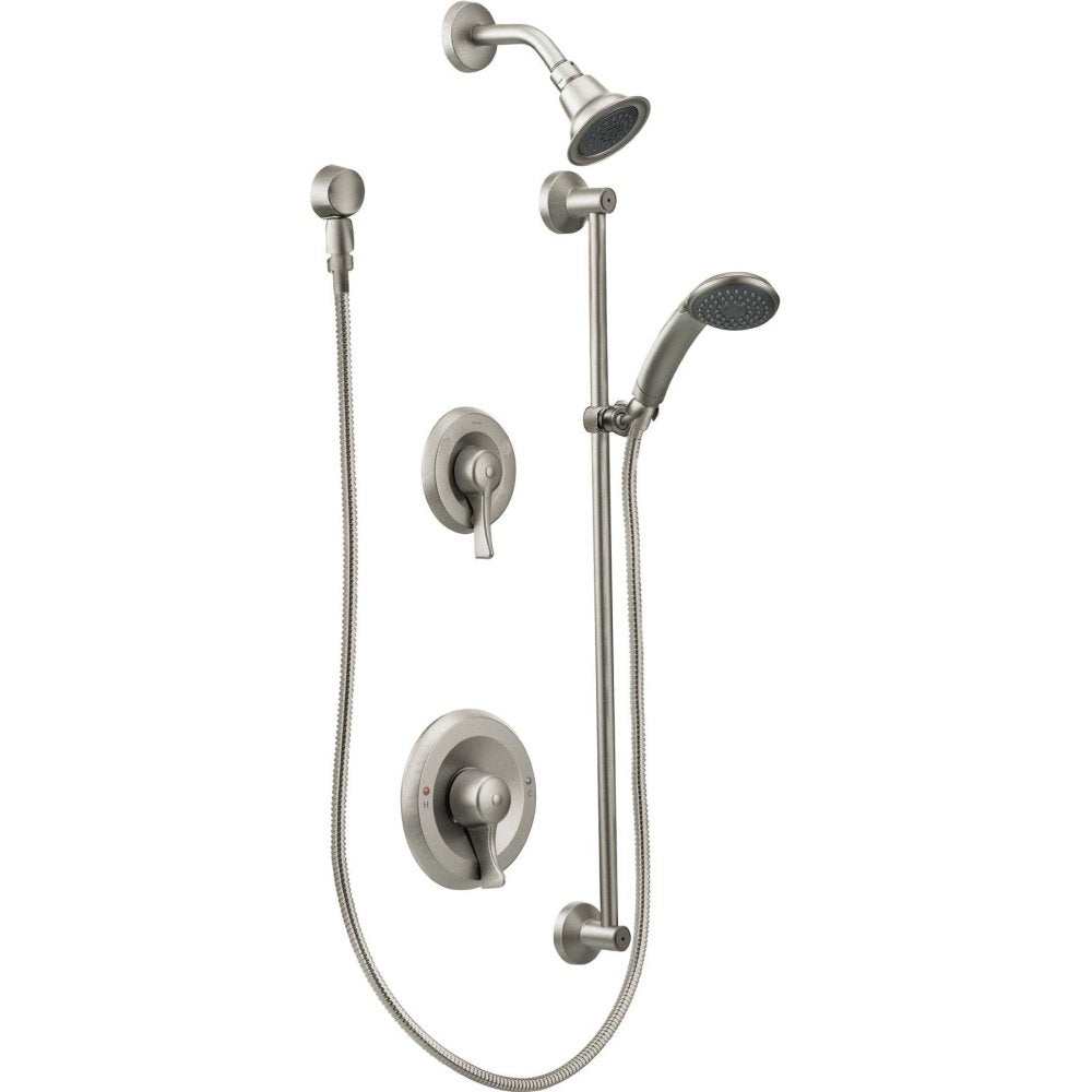 Brushed nickel shower trim kit with fixed showerhead, handheld spray, and diverter valve controls on white background.