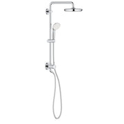 Chrome shower system with fixed overhead showerhead, handheld spray, vertical rail, and control valve.
