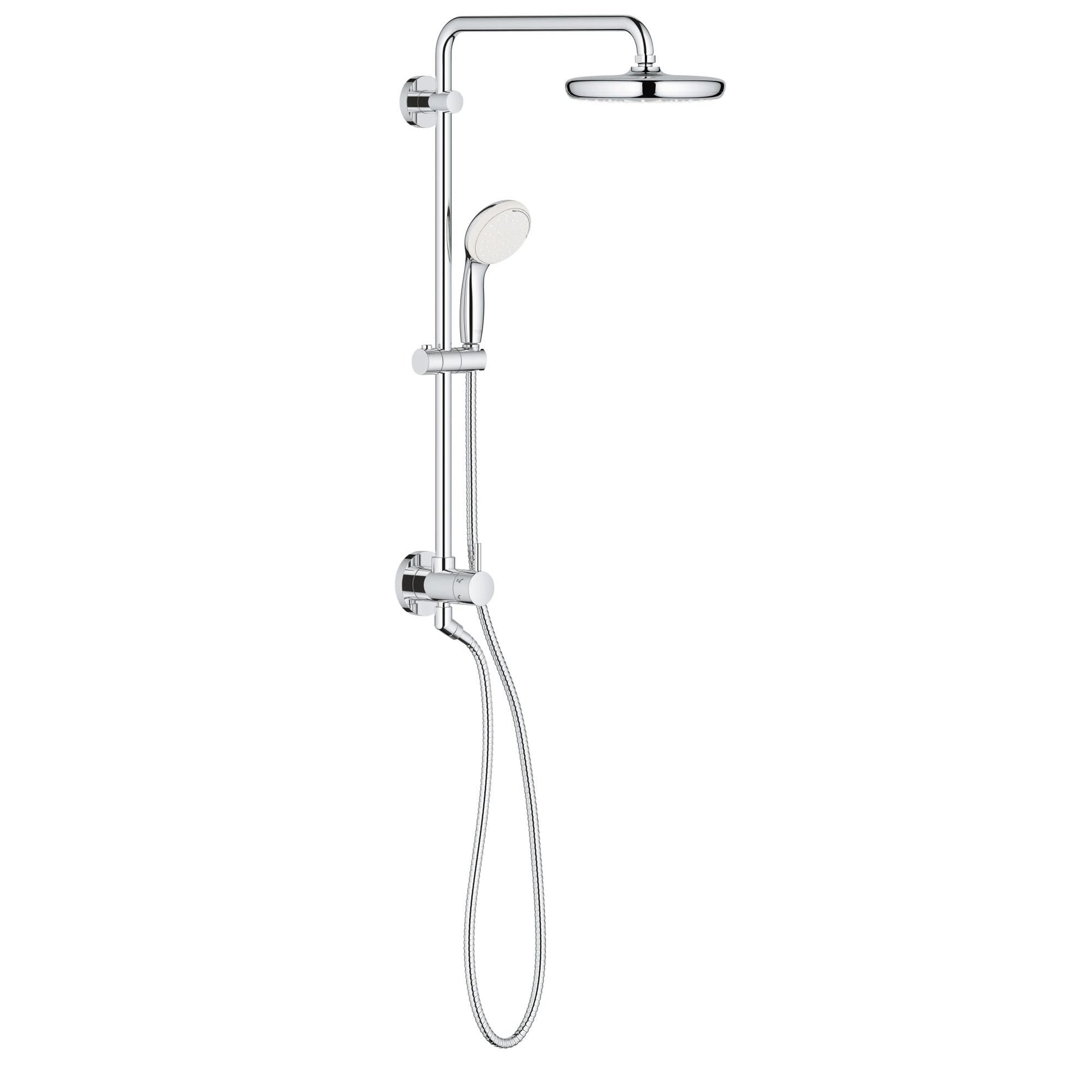 Chrome shower system with fixed overhead showerhead, handheld spray, vertical rail, and control valve.