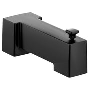 Matte black modern tub spout with 90-degree angular design and diverter lever on the end.