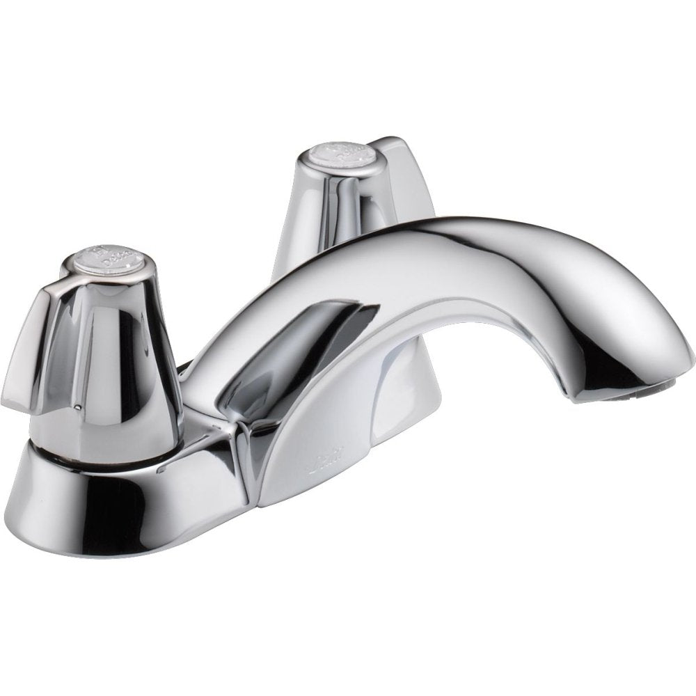 Chrome two-handle centerset bathroom faucet with curved spout and blade-style handles.