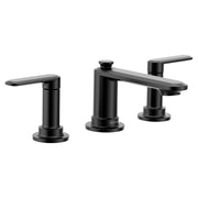 Matte black two-handle widespread bathroom sink faucet with cylindrical spout and lever handles.