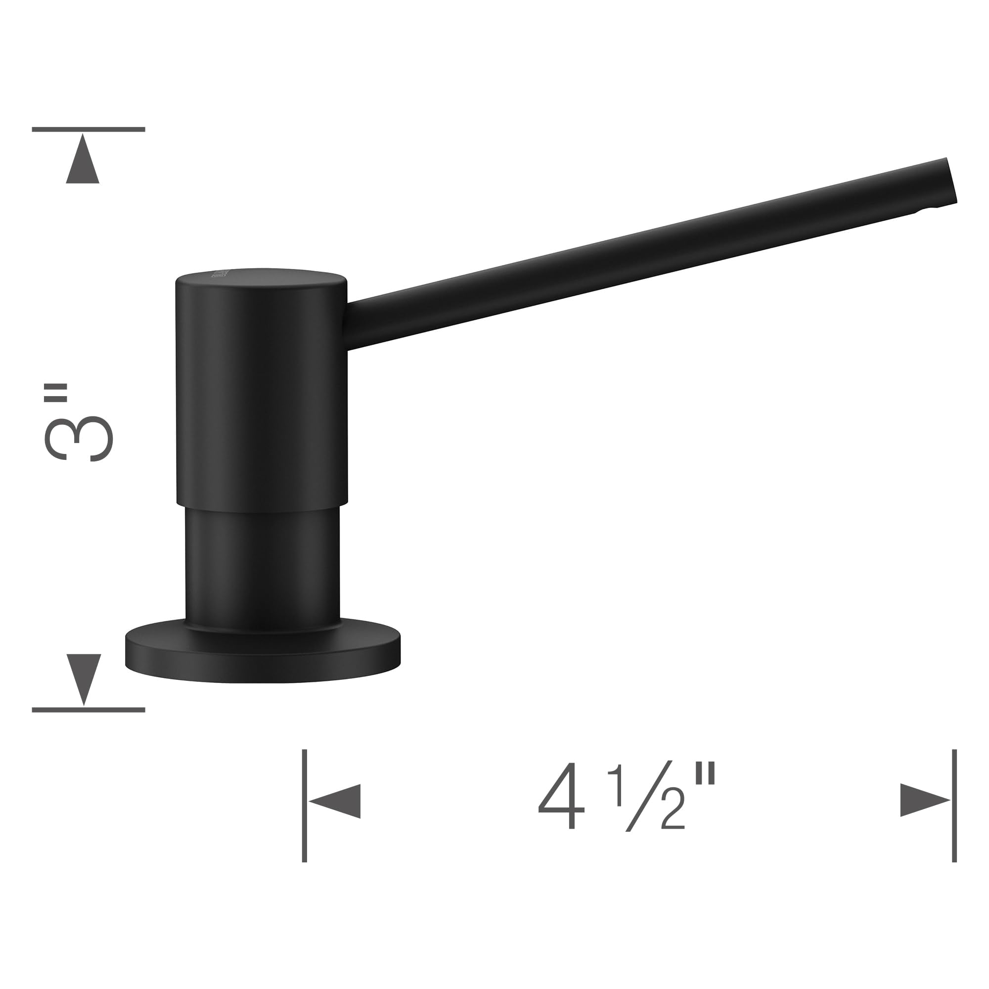 Coal black cylindrical soap dispenser with angled spout and round base, shown with dimensions.