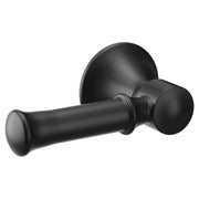 Black matte toilet tank lever handle with cylindrical arm and round knob attached to mounting plate.