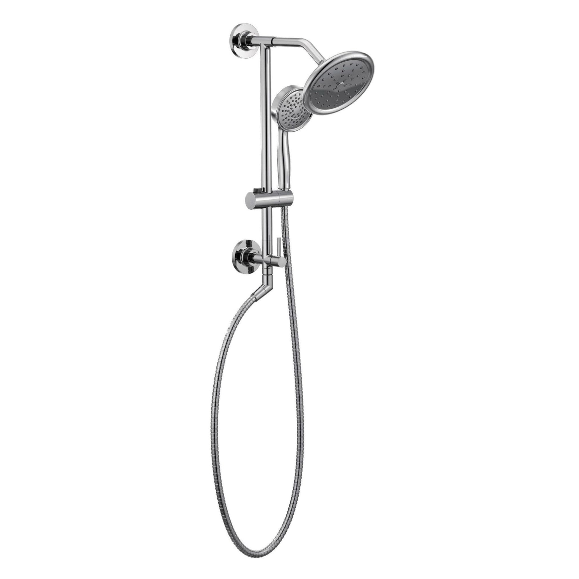 Chrome rainshower showerhead with 7-inch overhead spray head, adjustable wall-mounted arm, and handheld showerhead on hose.
