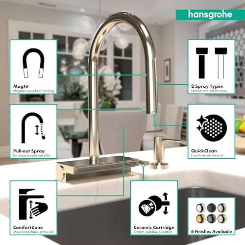 Polished nickel high-arc kitchen faucet with pull-down spray head and curved spout over sink.