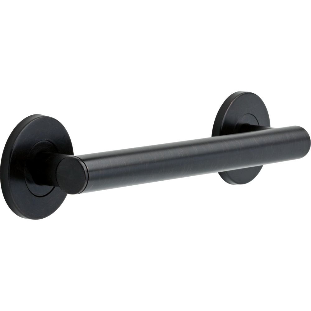 Black cylindrical grab bar with round wall-mounted flanges on each end.