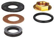 Five-piece mounting kit including brass nut, rubber and fiber washers in black and brown.