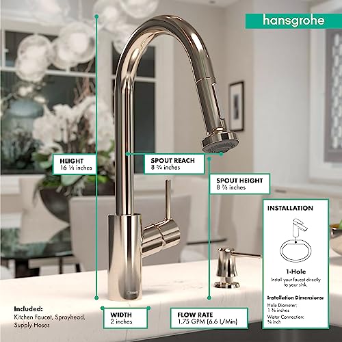 Polished nickel high-arc kitchen faucet with pull-down sprayer and curved spout against kitchen sink backdrop.