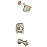 Brushed nickel tub and shower trim kit with single-handle valve, showerhead, and tub spout.