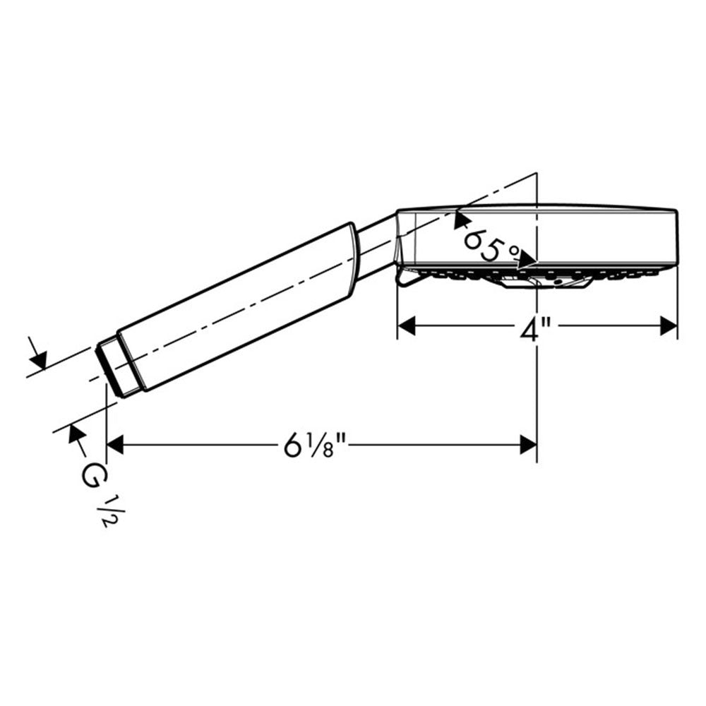 Brushed nickel handheld showerhead with angled spray head and adjustment angle marking, shown with dimensional specifications