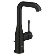 Matte black single-handle bathroom faucet with curved spout and cylindrical lever handle.