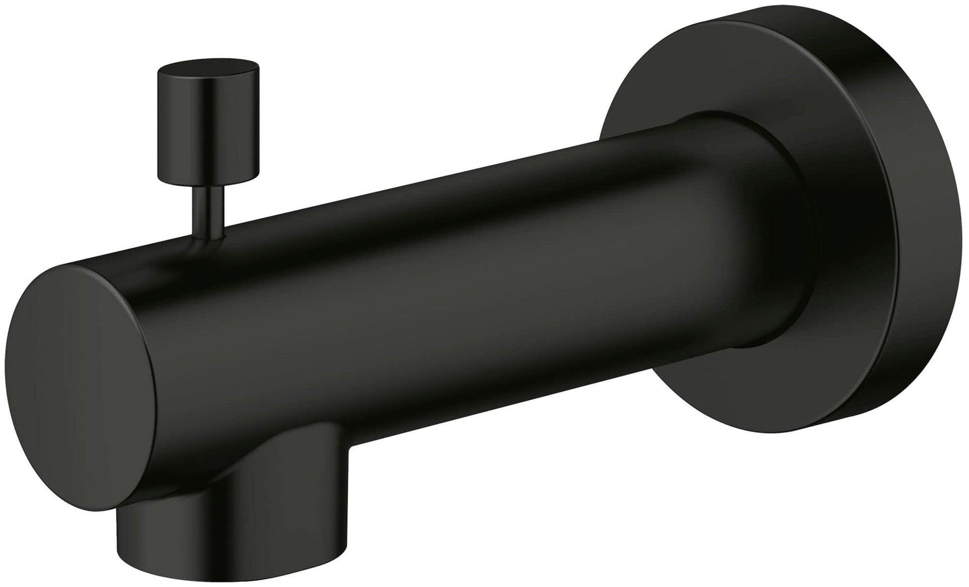 Brushed matte black cylindrical tub spout with wall-mounted flange and diverter lever on left side.