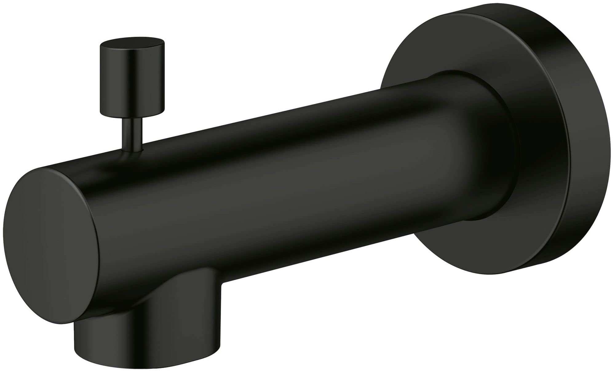 Brushed matte black cylindrical tub spout with wall-mounted flange and diverter lever on left side.
