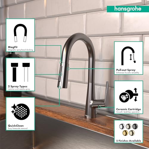 Brushed black chrome pull-down kitchen faucet with high arc spout and 2-spray types mounted on sink.